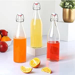 CELLO Aquaria Glass Water Bottle | Freezer Safe & Leakproof Flip Cap | Stylish & Unique Design | Durable & Scratch Proof | 1000ml, Set of 3 | Clear