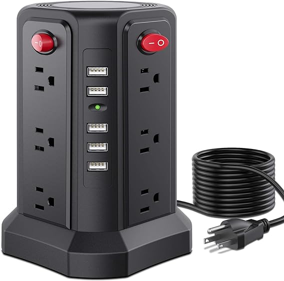 SMALLRT Tower Power Bar, 16.4 FT Power Bars with Surge Protector, 12AC Outlets and 5USB Charging Ports, Surge Protector Power Bar Overload Protection for Home Office Dorm Room (Black)