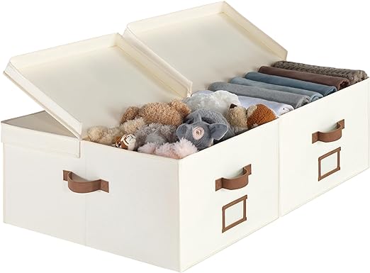 StorageWorks Fabric Storage Bin, 55L Large Storage Boxes with Double-Open Lid and Divider Board, Decorative Closet Storage Organizers with Handles, Ivory White, 2-Pack