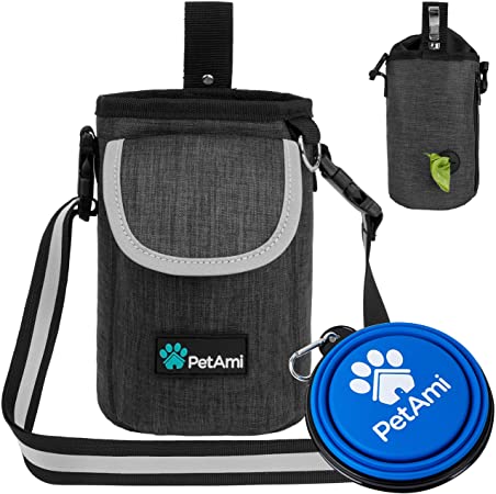 PetAmi Dog Treat Pouch with Large Front Pocket | Dog Training Pouch Bag with Waist Shoulder Strap, Poop Bag Dispenser, Collapsible Bowl | Training Bag for Kibbles, Pet Toys | 3 Ways to Wear (Charcoal)