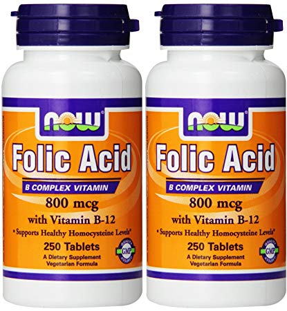 NOW Foods Folic Acid 800mcg, 250 Tablets (2 Pack)