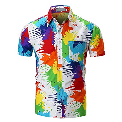 Inkach - Mens Button-Down Shirts, Tie-Dye Printed Casual Slim Short Sleeve Blouse Tops