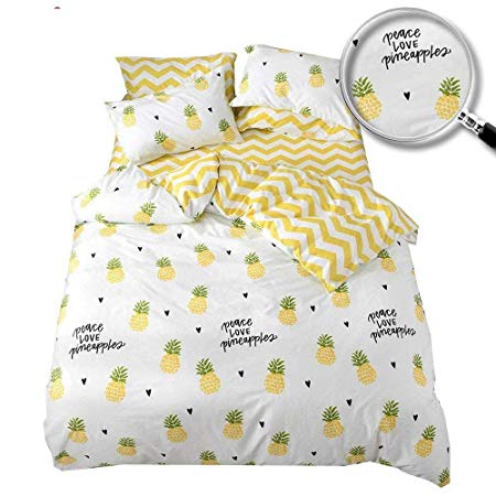 XUKEJU 100% Cotton Soft Children/Adults Duvet Cover Set Yellow/White Fruits Printed Pattern Reversible Boys Girls Bedding Set Pineapple 3 Pieces with 2 Pillow Cases Best Bedding Gifts Twin Size