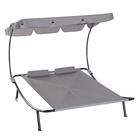 Outsunny Double Chaise Lounge Hammock Sunbed with Canopy and Stand - Light Grey