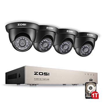 ZOSI 720P CCTV Camera System w/1TB Hard Drive 8CH 1080N TVI-DVR w/4 x 720P Dome Outdoor CCTV Cameras for Home Security