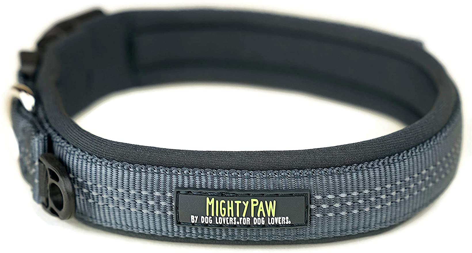 Running Dog Collar, Mighty Paw Neoprene Padded Dog Collar, Premium Quality Sports Collar with Reflective Stitching, Extra Comfort for Active Dogs (Grey- Medium 15-18")