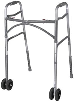 Folding Walker, Adult, with 5" Wheels, Push Button Dual Release, Aluminum, Adjustable Height 32" to 39", 350 Lb. Capacity