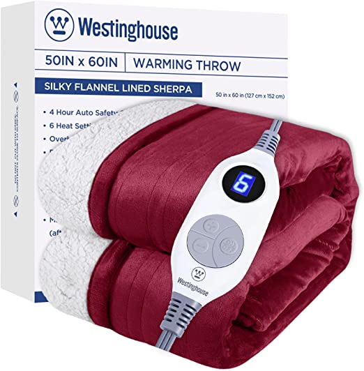 Westinghouse Electric Blanket Heated Throw | 6 Heating Levels & 4 Hours Auto Off | Flannel to Sherpa Reversible 50x60 | Machine Washable,Red