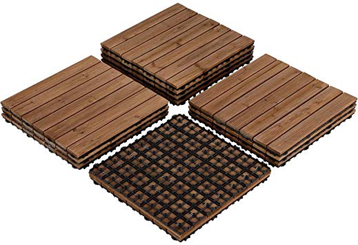 Yaheetech 12PCS Interlocking Wood Flooring Wooden Tiles Deck Patio Pavers Tiles Solid Wood and Plastic Corner Edging Trim Tiles Indoor Outdoor 17.5 x 17.5in