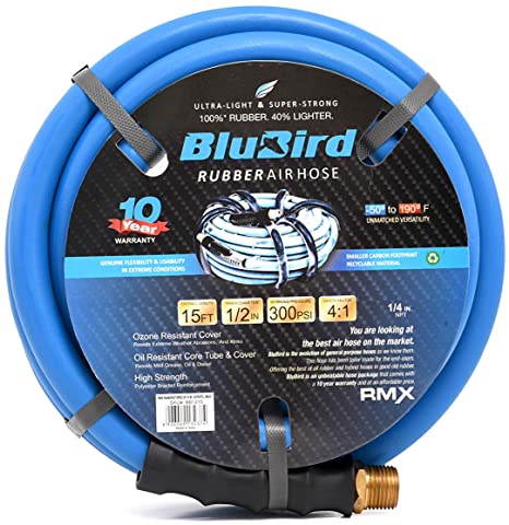 BluBird Lightest, Strongest, Most Flexible Rubber Air Hose (1/2" x 15') - BB1215
