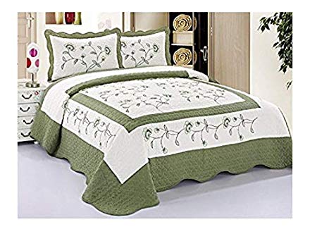3pcs High Quality Fully Quilted Embroidery Quilts Bedspread Bed Coverlets Cover Set , Queen King (Beige/SageGreen)