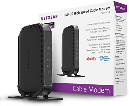 NETGEAR Cable Modem CM400 Compatible with Cable Providers Xfinity by Comcast, Spectrum, Cox | For Cable Plans Up to 100 Mbps | DOCSIS3.0, Black (CM400-100NAS)