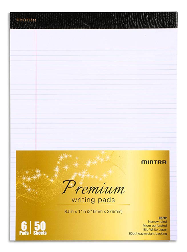 Mintra Office Legal Pads - 50 Sheets per Notepad - Micro perforated Writing Pad, Notebook Paper for School, College, Office, Work, Professional - ((Premium 6pk (White), 8.5in x 11in (Narrow Ruled))