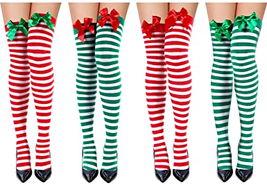 4 Pairs Christmas Striped Knee Socks Stripe Thigh High Stocking Long Striped Socks