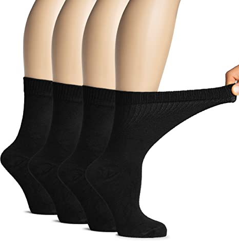HUGH UGOLI Women's Soft Bamboo Diabetic Crew Socks, Wide, Loose Fit & Thin Socks with Seamless Toe & Non-Binding Top, 4 Pairs