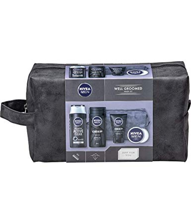 NIVEA MEN Well Groomed Gift Set for Him (5 Products), Men´s Grooming Kit & Washbag, Includes Shower Gel, Cleansing Men's Face Wash, Shampoo, and Men´s Moisturiser