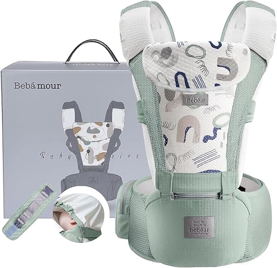Bebear Baby Carrier Newborn to Toddler, Bebamour Baby Carrier Hipseat 0-36Months with Head Hood, 3 PCS Teething Pads, Waist Extender, Green