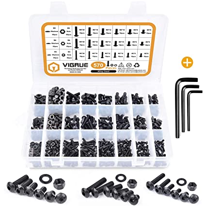 VIGRUE 570Pcs M3 M4 M5 Hex Button Head Screws Bolts Nuts Washers Assortment Kit with Allen Wrench, 10.9 Alloy Steel