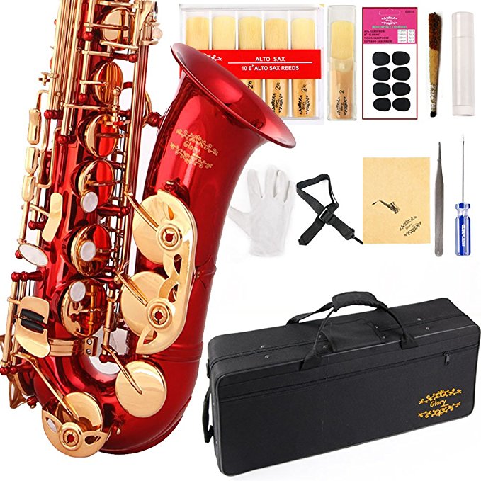 Glory Red/Gold Keys E Flat Alto Saxophone with 11reeds,8 Pads cushions,case,carekit-More Colors with Silver or Gold keys