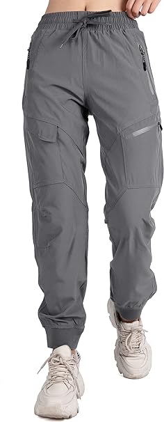 Singbring Women's Athletic Hiking Cargo Joggers Pants Outdoor Workout Lightweight Quick Dry UPF 50 Zipper Pockets