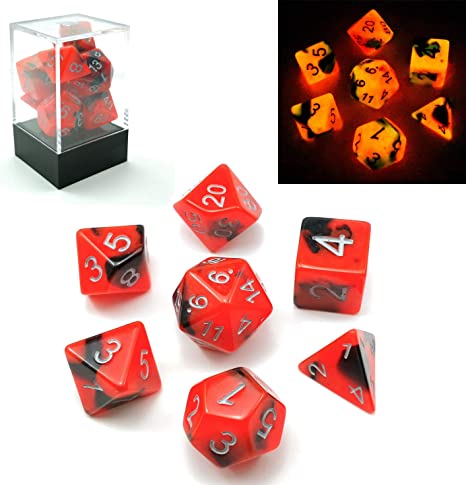 Bescon Two-Tone Glow-in-The-Dark Polyhedral Dice Set HOT Rocks, Luminous RPG Dice Set d4 d6 d8 d10 d12 d20 d% Brick Box Pack