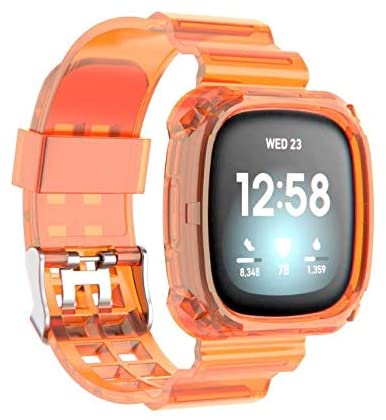 Greaciary Compatible with Versa 3 Bands for Women Men, Crystal Transparent Bumper Sports Wristband Bangle Strap Sense/Versa 3 Smart Watch Large Small(Orange)