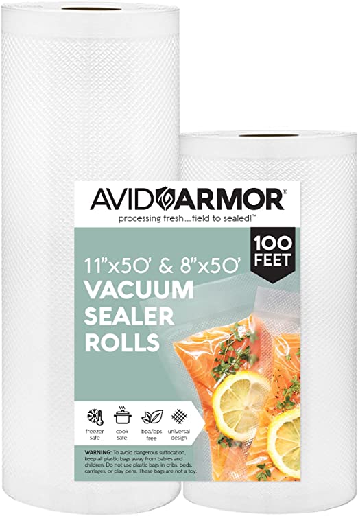 Vacuum Sealer Bags 2 Rolls 11x50 and 8x50 total 100 feet for Food Saver and Seal a Meal heavy duty embossed for sous vide cut to size bag Avid Armor