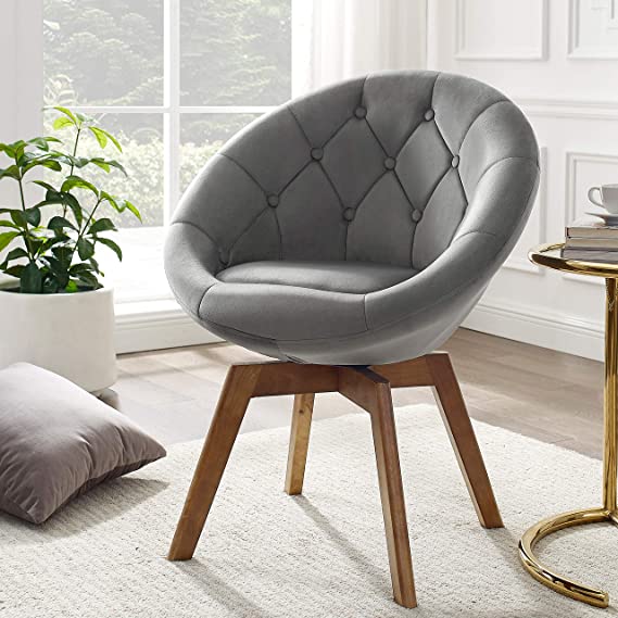 Volans Mid Century Modern Velvet Tufted Round Back Upholstered Swivel Accent Chair Grey with Wood Legs Vanity Chair, Home Office Desk Chair for Living Room Bedroom Study