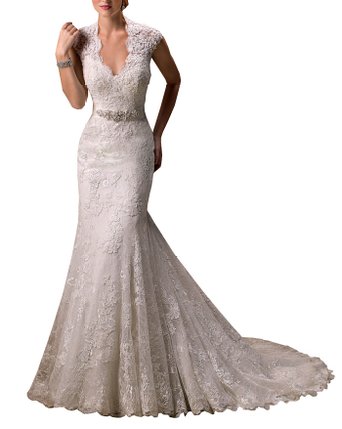 Harshori V-Neckline Cap-Sleeve Lace And Tulle With Satin Wedding Gown