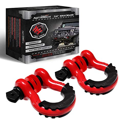 AUTMATCH Shackles 3/4" D Ring Shackle (2 Pack) 41,887Ib Break Strength with 7/8" Screw Pin and Shackle Isolator & Washers Kit for Tow Strap Winch Off Road Towing Jeep Vehicle Recovery Red & Black