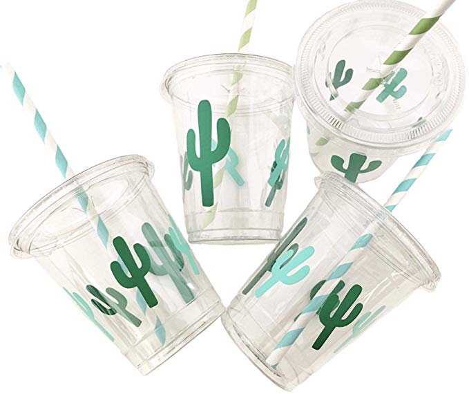 Cactus Party Cups - Set of 12 with Lids Paper Straws Birthday Fiesta Supplies