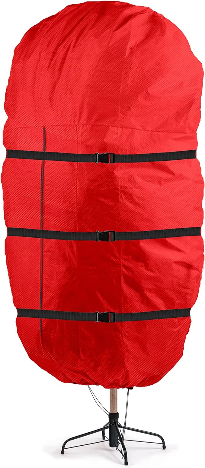 Zober Upright Christmas Tree Storage Bag - Fits 9 Ft Artificial Tree - Christmas Tree Bag W/Drawstring Hem, Zipper, and Carrying Handles - Waterproof 600D Oxford Fabric - Red