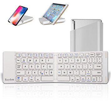 Mini Folding Wireless Bluetooth Keyboard, Raydem Ultra Slim Pocket Size Universal Bluetooth Keyboard with Stand Case Aluminum Alloy Base 44 Hours Battery Life for iPhone, Android Tablets,Smartphones