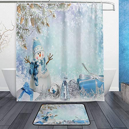 Merry Christmas with Elegant Snowman Waterproof Polyester Fabric Shower Curtain (60" x 72") Set with 12 Hooks and Bath Mats Rugs (23.6" x 15.7") for Bathroom - Set of 2