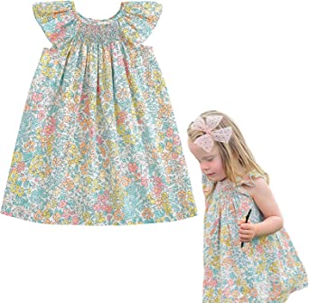 Simplee kids Baby Girls Casual Dress Toddler Smocking Dress Floral Print Sundress for Spring Summer 1-6 Years