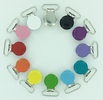 12 Starter Pack Enamel Round Face 1" Suspender Clips with Rectangle Inserts for Soother/Paci/Pacifier/Dummy/Bib/Toy Holder Clips