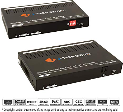 J-Tech Digital HDBaseT HDMI Extender 18Gbps with Audio Extraction and ARC. Dolby Digital/DTS, HDR10, 4K@60Hz 4:4:4, Upscaling, Bi-Direction IR, PoC, CEC, RS232, EDID, HDCP, HDMI 2.0 (JTECH-EXBT460)