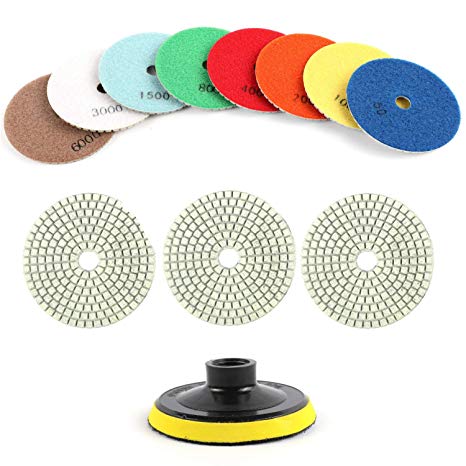 Houseables Diamond Polishing Pads, Granite Grinding Wheels, 4” Diameter, 11 Pack Plus Backer Pad, Multi-Color, 3 MM Thickness, Variable Speed Grinder Kit, Marble, Concrete, Stone, Wet, Dry, Countertop