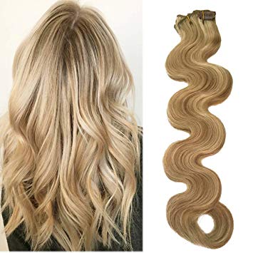 22" Long Wavy Blonde Balayage Clip Hair Extensions Real Human Hair 70grams 7pcs Soft Heat Resistant Beige Blonde with Bleach Blonde Highlights Curly Clip in