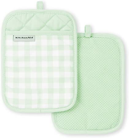 KitchenAid Gingham Pot Holder 2-Pack Set, Pistachio, 7"x10"