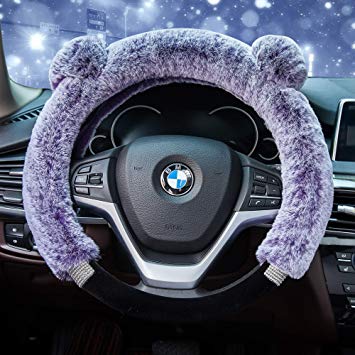 Didida Winter Warm Faux Wool and Bling Diamond Fluffy Fashion Steering Wheel Covers for Women/Girls/Ladies 15 Inch,Purple