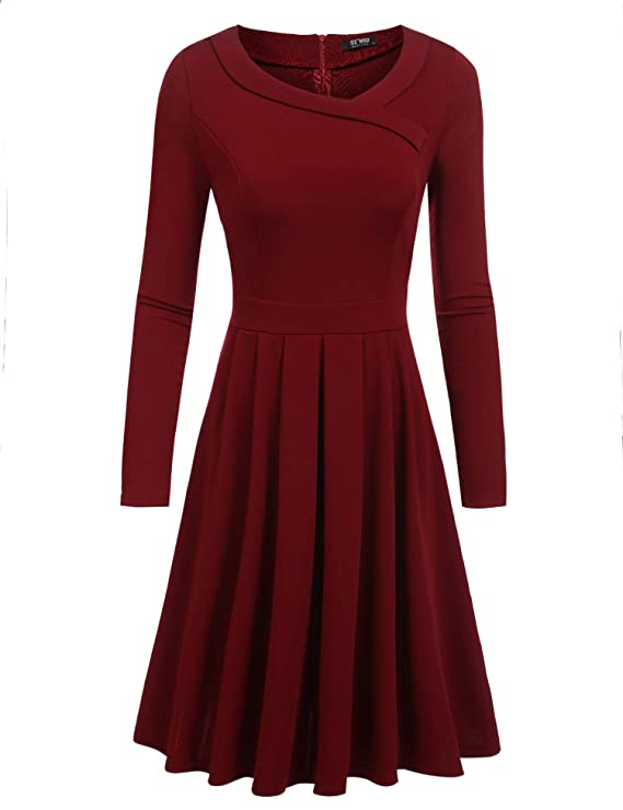 ACEVOG Women's Long Sleeve Round Neck Pleated Swing Casual A-Line Fit and Flare Midi Skater Dress