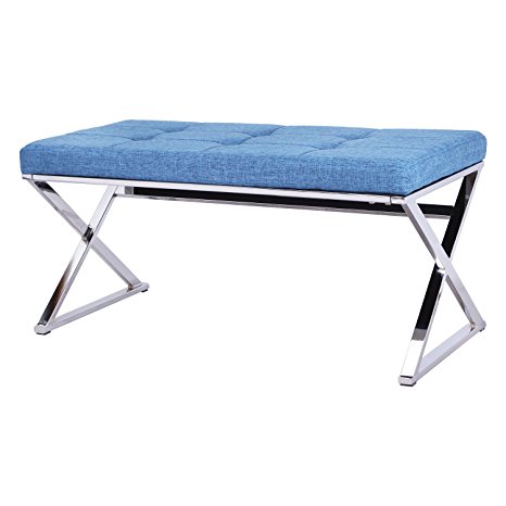 Adeco Metal Bench Entryway Footstool Seat Upholstered in Button, Tufted Linen Fabric - Blue