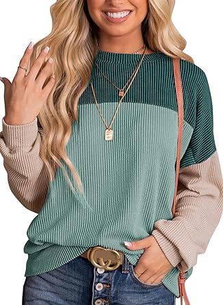 Dokotoo Womens Fashion 2024 Color Block Long Sleeve Crewneck Knitted Casual Loose Pullover Shirts Tops