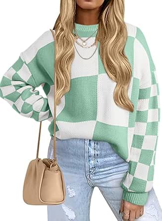 EVALESS Womens Sweaters Fall Fashion Cable Knit Checkered Oversized Sweater Tops