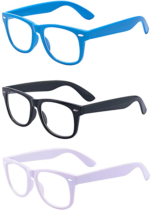 ALWAYSUV 3 Pack Blue Light Computer Blocking Glasses Nerd Retro Transparent Lens Eyewear for Kids/Teens 3-10 Ages