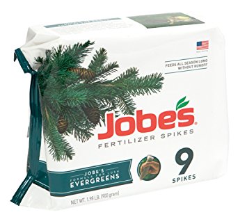 Jobe’s Evergreen Fertilizer Spikes 11-3-4 Time Release Fertilizer for Juniper, Spruce, Cypress and All Other Evergreen Trees, 9 Spikes per Package
