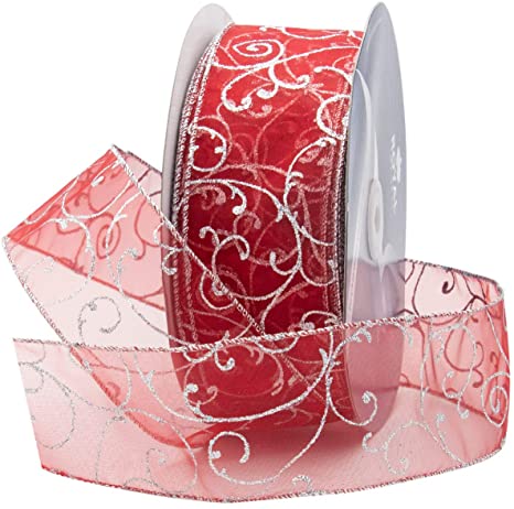 Royal Imports Red Organza Glitter Wired Sheer Ribbon - Silver Edge, 2.5" (#40) Swirl Design for Floral, Craft, Holiday Decoration, 50 Yard Roll (150 FT Spool) Bulk