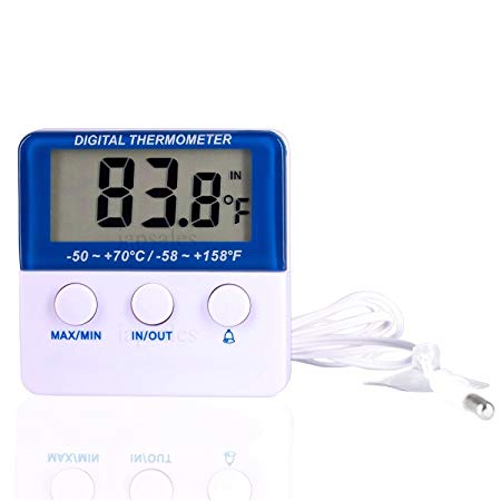 Digital Refrigerator & Freezer Thermometer with Audible Alarm. Highest Quality, Easy to Read, Mounts Outside Cooler & Monitors High & Low Temp. Settings for Min/Max/History