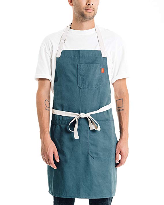 Caldo Cotton Kitchen Apron - Mens and Womens Professional Chef Bib Apron - Adjustable Straps with Pockets and Towel Loop (Spruce)